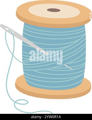 Aiguille à coudre avec fil bleu clair insérée dans une bobine en bois, isolée sur fond blanc, représentant l'artisanat de couture, de couture et de couture Illustration de Vecteur