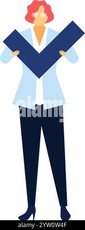 Femme d'affaires portant des lunettes et des vêtements formels tient une grande coche bleue représentant l'approbation, l'accord, le succès et la confirmation Illustration de Vecteur