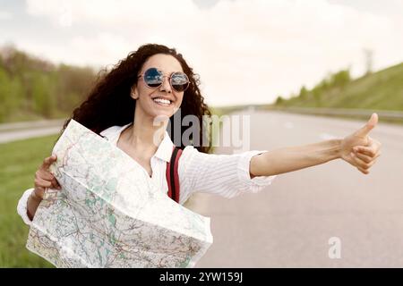 Jolie jeune femme avec sac à dos et carte hitchranking sur la route, montrant le pouce vers le haut, la vérification de l'itinéraire de voyage, l'espace libre Banque D'Images