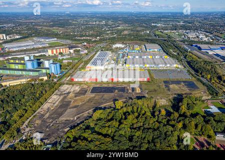 Vue aérienne, friche industrielle du centre logistique et site de l'aciérie thyssenkrupp dans la zone industrielle de Westfalenhütte, Borsigplatz, Dortmund, Banque D'Images