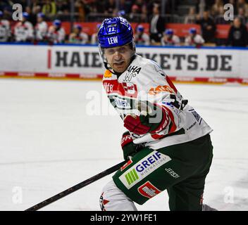 Cologne, Rhénanie du Nord-Westphalie, Allemagne. 8 décembre 2024. Le défenseur des Augsburger Panther MICK KOHLER (11 ans) se dispute avec un arbitre lors du match de la 24 Deutsche Eishockey Liga (Ligue allemande de hockey sur glace) entre les Koelner haie (Sharks de Cologne) et les Augsburger Panther dans la Lanxess Arena à Cologne, en Allemagne, le 8 décembre 2024. (Crédit image : © Kai Dambach/ZUMA Press Wire) USAGE ÉDITORIAL SEULEMENT! Non destiné à UN USAGE commercial ! Banque D'Images