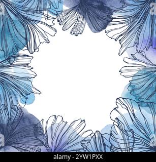 Cadre carré avec des esquisses aquarelles de feuilles bleues de ginkgo biloba. Modèle à base de plantes botaniques carré dessiné à la main pour les réseaux sociaux avec des plantes avec Banque D'Images