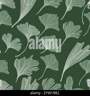 Dessin à main levée des feuilles vert foncé de l'arbre Ginkgo Biloba. Modèle sans couture moderne pour la conception d'emballage, papier peint, textile. floral décoratif Banque D'Images