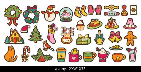 Joyeux Noël et joyeux nouvel an décorations doodle élément set. Collection d'illustrations de dessins animés d'articles de Noël. Arbre de Noël, couronne de fête, canne de bonbons, cadeau de chaussette de gant, vecteur de décor de vacances d'hiver Illustration de Vecteur