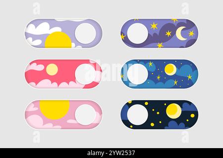 Interrupteur jour et nuit. Bouton du matin d'été. Régulateur à glissière 3d UI. Bascule entre l'horloge du téléphone gradient. Activer et désactiver le commutateur de badge. Minuit ou Sunris Illustration de Vecteur