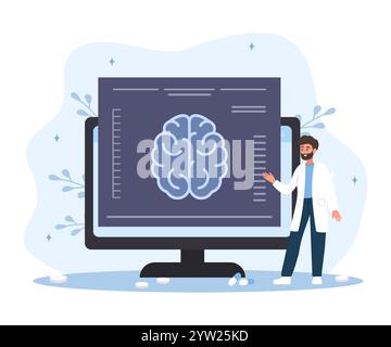 Concept neurologue. Médecin de sexe masculin examinent l'IRM. Diagnostic neurologique des maladies. Illustration vectorielle dans le style de dessin animé plat Illustration de Vecteur