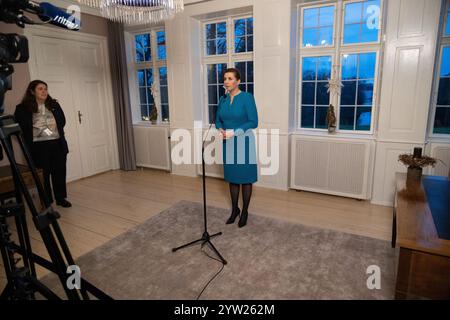 Kongens Lyngby, Danemark. 07 décembre 2024. Le premier ministre mette Frederiksen rencontre la presse à Marienborg à Kongens Lyngby, au Danemark, le samedi 7 décembre 2024. Le président égyptien effectue une visite d'État de deux jours au Danemark. Crédit : SOPA images Limited/Alamy Live News Banque D'Images