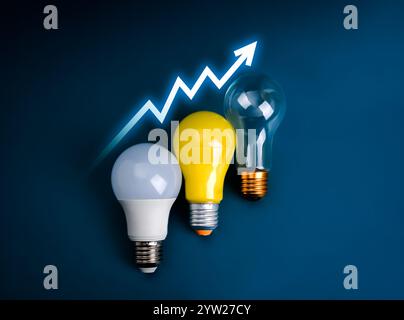 Tendances créatives, innovation en IA, connaissances, idées et concepts d’inspiration. Flèche vers le haut monter sur les ampoules électriques blanches, jaunes et claires comme un gra de croissance Banque D'Images