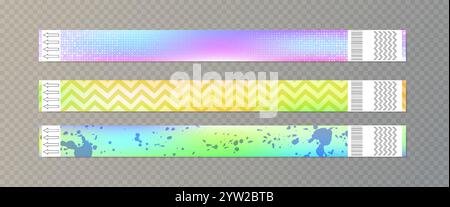 Bracelets en papier avec surface en feuille holographique et motif géométrique abstrait dans des couleurs irisées. Identification des billets d'entrée du bracelet d'événement sécurisé hologramme avec code à barres et flèche sur les bords. Illustration de Vecteur