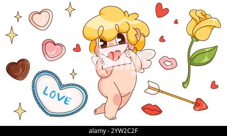 Personnage d'amour de Cupidon vintage avec dessin animé de coeur. Ensemble d'autocollants mascotte rétro pour la saint-valentin. chérubin comique des années 70 avec fleur, scintillement et élément de flèche pour mariage. Joyeuse mythologie Baby fly avec enveloppe Illustration de Vecteur