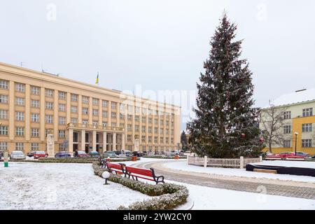uzhhorod, ukraine - 05 janvier 2016 : arbre de noël sur la place narodna. temps froid et sombre. bâtiment de l'administration régionale dans le backgro Banque D'Images