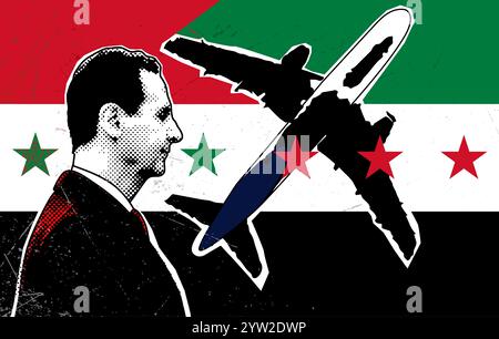 Concept fin de la dictature de Bachar al-Assad. Changement du drapeau de la Syrie. Portrait de Bachar al Assad sur fond du drapeau de Syr Banque D'Images