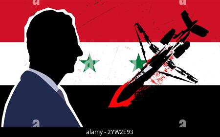 Concept fin de la dictature de Bachar al-Assad. Portrait de Bachar al Assad sur fond du drapeau de la Syrie et un avion. Banque D'Images