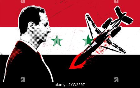 Concept fin de la dictature de Bachar al-Assad. Portrait de Bachar al Assad sur fond du drapeau de la Syrie et un avion. Banque D'Images