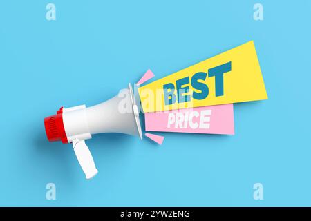 Mégaphone annonçant le meilleur prix avec une bulle de discours sur fond bleu, parfait pour le marketing et la publicité. rendu 3d. Banque D'Images