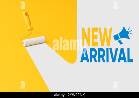 Nouveaux arrivants. Rouleau de peinture peignant une bande blanche sur fond jaune, révélant le texte New Arrival. rendu 3d. Banque D'Images
