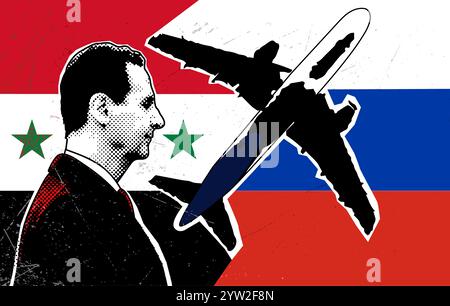 Bachar al-Assad sur fond du drapeau syrien et un avion et le drapeau russe. Banque D'Images