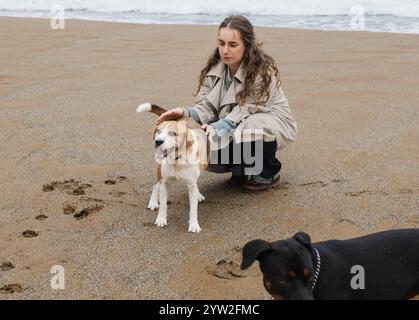 Femme accroupie pour caresser son beagle heureux sur la plage au bord de l'océan Banque D'Images