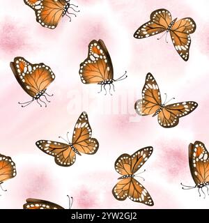 Papillons aquarelle orange avec des éclaboussures rose pastel motif sans couture sur blanc. Les insectes monarques volants d'automne migrent Banque D'Images