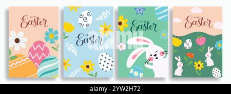 Ensemble de fond d'affiche clipart de souhaits de Pâques. Joyeuse collection clip art dimanche de pâques avec des éléments de dessin comme des œufs, lapin et fleurs dans l'abstrait Illustration de Vecteur