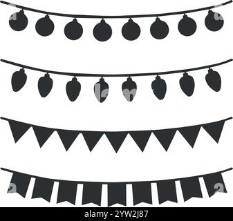 Ensemble de guirlandes de lumières de Noël et fanions sur une corde. Illustration graphique vectorielle. Drapeaux et ampoules suspendus. Collection de backrounds de vacances Illustration de Vecteur