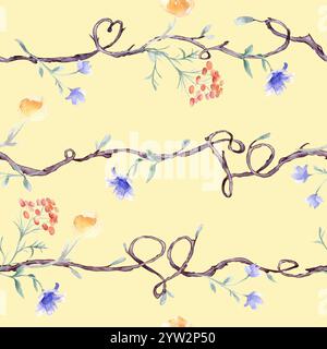 Branches d'arbre avec des fleurs simples aquarelle motif sans couture isolé. Conception de la nature sur fond répété avec floral rouge bleu délicat et brindilles h Banque D'Images