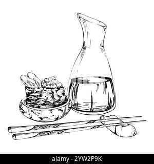 Nourriture japonaise traditionnelle, sushi gunkan avec caviar de saumon de poisson cru, tranches de concombre dans un bol en céramique, sauce soja, baguettes, dessiné à la main dans un stylo vectoriel Illustration de Vecteur