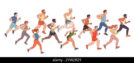 Athlètes qui courent marathon. Les gens en uniformes de sport, compétition de vitesse, jogging hommes et femmes, course de course, les personnages de coureurs en vêtements de sport, en bonne santé Illustration de Vecteur