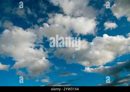 Nuages blancs moelleux contre un ciel bleu éclatant. Banque D'Images
