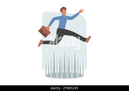 Défi pour l'homme d'affaires sautant par-dessus l'obstacle dangereux sur la voie du succès et de la croissance de carrière Illustration de Vecteur