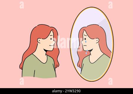 Trouble bipolaire chez la femme souriante mais ressentant la souffrance dans l'âme, et regardant dans le miroir. Problèmes de trouble bipolaire chez la fille voyant pleurer par réflexion par trouble psychologique Illustration de Vecteur
