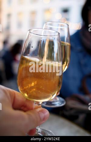 Gros plan d'une main tenant un verre de vin avec une autre personne grillant en arrière-plan. Banque D'Images