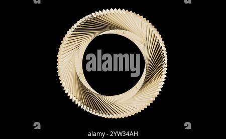Sculpture circulaire élégante faite de lattes en bois interconnectées sur un fond noir. Banque D'Images