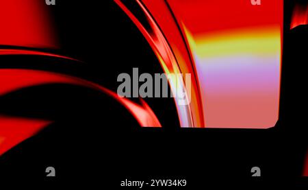 Fond dégradé abstrait rouge et jaune avec des courbes noires fluides créant un design dynamique et élégant. Banque D'Images