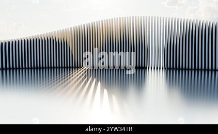Vue sereine d'une surface d'eau réfléchissante devant une clôture métallique courbe sous un ciel mou. Banque D'Images