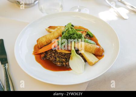 Restaurant Schloss Haigerloch, racine de persil sur lentilles, plat principal végétarien, légumes, carotte, brocoli, sain, assidu, cuisine fine, nourriture, Haig Banque D'Images