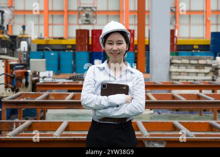Une ingénieure dévouée vêtue d'un support d'équipement de sécurité souriant les bras croisés, tenant une tablette au milieu d'une usine tentaculaire. Banque D'Images