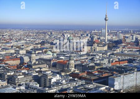 Vue aérienne, tour de télévision, Leipziger Strasse, Friedrichstrasse, cathédrale de Berlin, Gendarmenmarkt, Berlin Mitte, Berlin, Allemagne, Europe Banque D'Images