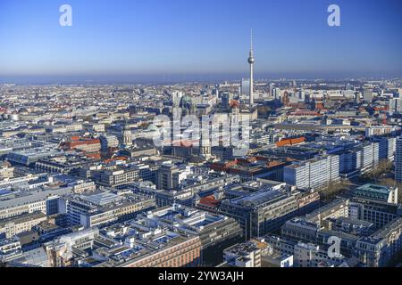 Vue aérienne, tour de télévision, Leipziger Strasse, Friedrichsstrasse, cathédrale de Berlin, Gendarmenmarkt, Berlin Mitte, Berlin, Allemagne, Europe Banque D'Images