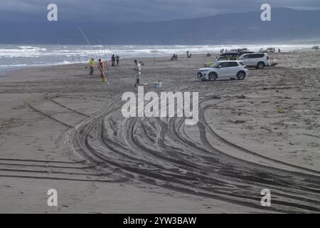 Pêcheurs sur la plage avec des voitures, des traces de pneus dans le sable, Hokkaido, Japon, Asie Banque D'Images