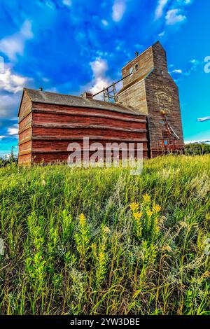Un grand bâtiment rouge avec un toit blanc se dresse dans un champ d'herbe verte. Le bâtiment semble être un vieux silo à grains, et il est entouré par un vaste Banque D'Images