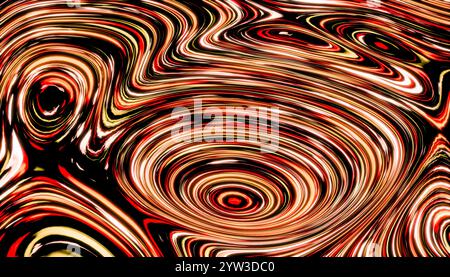 Illustration d'un motif tourbillonnant abstrait dans des teintes rouges et noires avec une texture hypnotique, liquide et des reflets lumineux Banque D'Images
