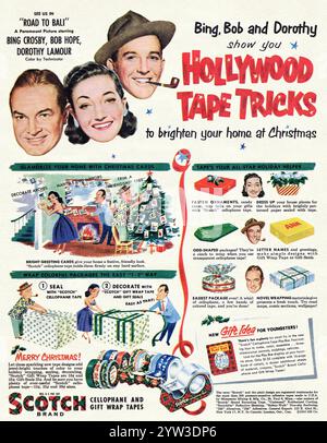 Publicité de Noël sur ruban écossais 1952 avec Bob Hope, Bing Crosby et Dorothy Lamour dans l'image de Paramount « Road to Bali » Banque D'Images