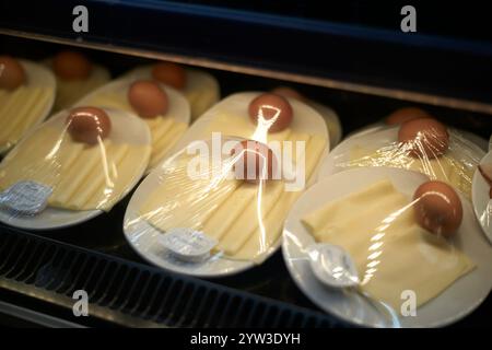 Petit-déjeuner emballé individuellement avec tranches de fromage nappées d'œufs et de beurre dans une vitrine, Bruxelles, Belgique Banque D'Images