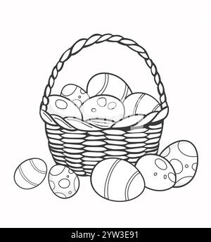 Illustration en noir et blanc d'un panier avec des œufs de Pâques. coloriage pour livre de coloriage Illustration de Vecteur