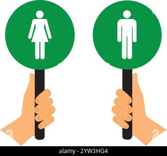 Mains tenant des signes ronds verts avec silhouette homme et femme sur eux Illustration de Vecteur