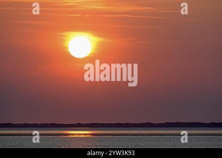 Coucher de soleil sur la mer du Nord à marée basse, le contour de l'île de Juist à l'horizon, Norddeich, basse-Saxe, Allemagne, Europe Banque D'Images