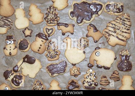 Divers biscuits décorés avec du chocolat en forme d'arbres de Noël, éléphants et bonhommes de neige, cuisson de Noël, biscuits de Noël, Allemagne, Europ Banque D'Images