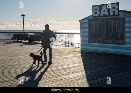 Promeneur de chien sur Hastings Pier sur l'après-midi ensoleillé d'hiver, Hastings, East Sussex, Angleterre, Royaume-Uni, Europe Banque D'Images