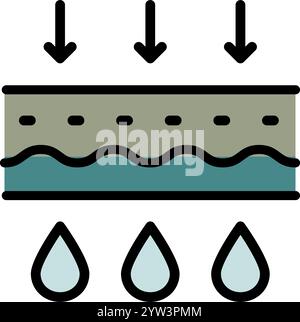 Icône de couleur de filtration de l'eau. Gouttes de pluie, molécule H2O, filtre de purification, illustration vectorielle d'eau pure. Pictogramme plat pour boisson. ISO vectoriel simple Illustration de Vecteur